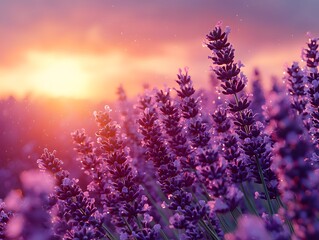 Naklejka premium Misty lavender field at dawn with glistening dew and soft pastel hues