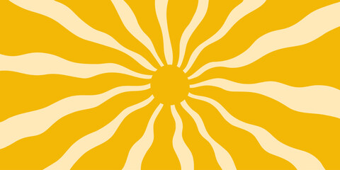Summer sun horizontal background. Groovy sun with wavy rays,