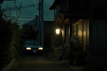 Car Parked on Road Next to House with Porch Light at Night