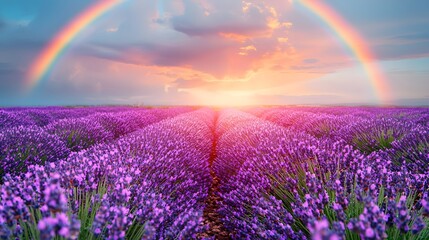 Vibrant lavender field under a stunning rainbow at sunset