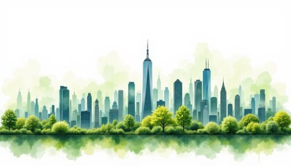 Fototapeta premium Urban skyline with green trees and calm water reflection in daylight