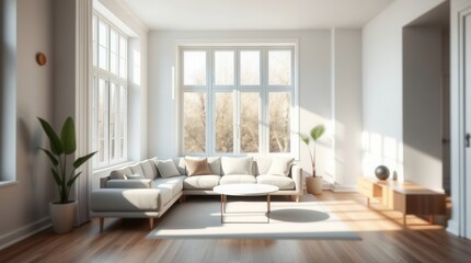 Bright living room interior with neutral tones, large windows, plants and minimalistic furniture.