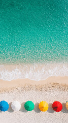 Obraz premium Colorful beach umbrellas line sandy shore beside clear turquoise water
