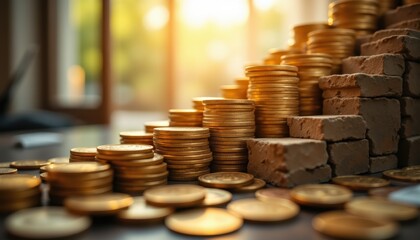 Stacked Coins and Bricks Symbolizing Growth and Financial Success