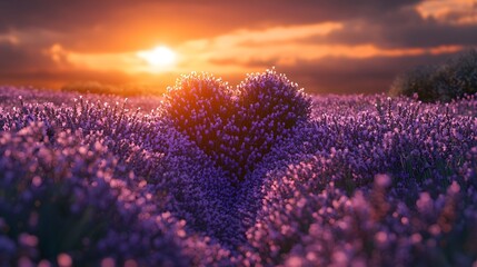 Fototapeta premium Lavender field with heart shaped clearing at sunset