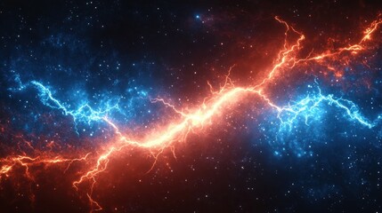 Fototapeta premium Dynamic Clash of Energy Waves in a Cosmic Void with Red and Blue Lightning Bolts