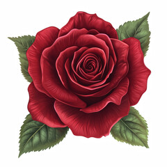 Deep red rose in full bloom with green leaves, isolated on white background, realistic floral illustration