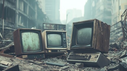 Abandoned CRT TV Amidst Post-Apocalyptic Ruins