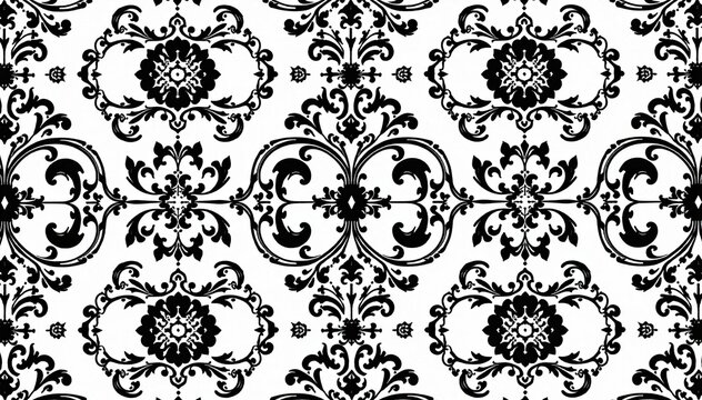 Symmetrical paisley and arabesque damask pattern in black and white, vintage pattern, style, minimal