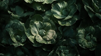 Fototapeta premium Many green cabbages grow densely together in a field