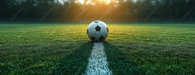 soccer field midfield with ball under diffused lighting in photorealistic style