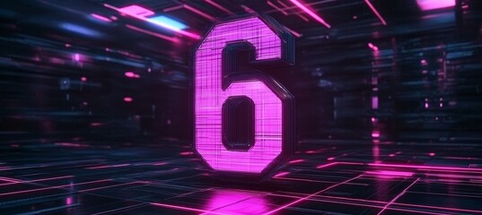 Glowing Vibrant Purple Digital 3D Number 6 in a Futuristic Style on an Abstract Geometric Background