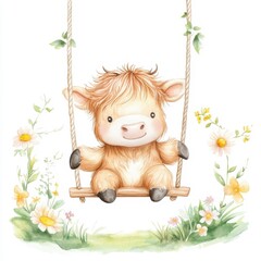 Naklejka premium Cute Calf on Swing in Meadow Art