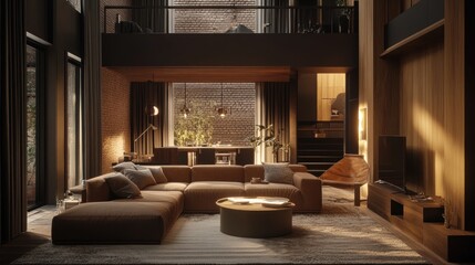 Modern living room, warm tones