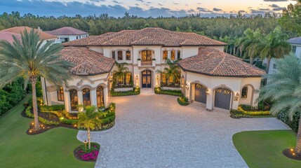 Obraz premium Luxury Florida mansion twilight aerial real estate