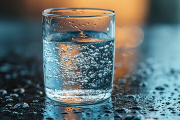 Refreshing Clarity: A close-up captures the delicate beauty of a water-filled glass, sparkling with bubbles against a softly blurred backdrop