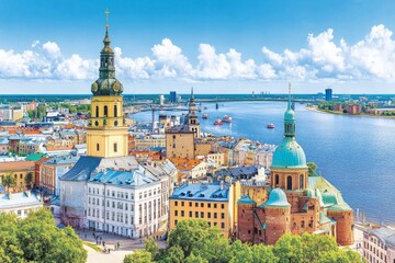 Obraz premium A breathtaking aerial view of Riga Old Town, with colorful medieval buildings and church spires lining the Daugava River