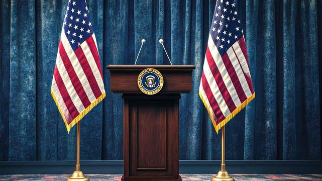 Podium and American Flags Set for Presidential Address in Formal Setting with Blue Curtain Background, Symbolizing Leadership and Governance