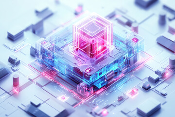 Futuristic CPU: Digital Computing Concept. A futuristic illustration of a central processing unit, showcasing its intricate internal workings with vibrant neon lighting and a transparent design.