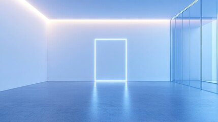 A minimalist gallery of modern art with light blue glass walls. There is a door in the central clearing that glows softly, creating a sense of mystery. Simple and elegant, for artistic displays.