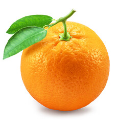 Orange fruit with two green leaves isolated on white background. File contains clipping path.