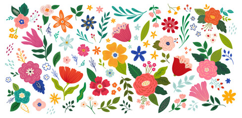 Flower collection with roses, leaves, floral bouquets, flower compositions. Flower background	
