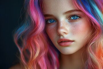 Fototapeta premium Radiant Youth: A captivating portrait of a young woman with mesmerizing blue eyes and vibrant, multi-colored hair, embodying a fresh and lively spirit.