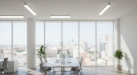 Fototapeta premium Blurred office interior with large windows and city view in the background during daytime