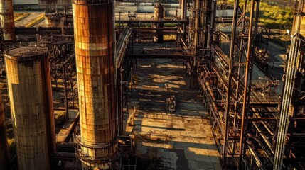 Rusted factory complex interior, aerial view
