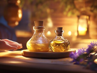 Preparing Herbal Oil Potions in Glass Bottles on Wooden Surface