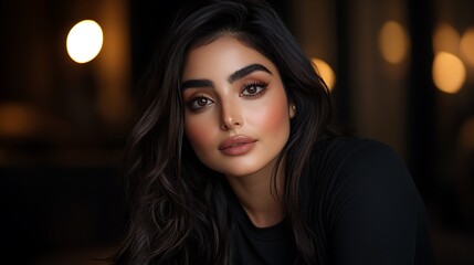 Fototapeta premium Glamorous Woman Portrait with Dark Hair, and Evening Lights.