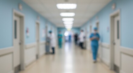 Blurred view of a hospital hallway with doctors and nurses walking down the corridor with white doors