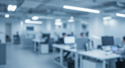 Blurred office space with employees working at desks under bright overhead lighting in a blue tone