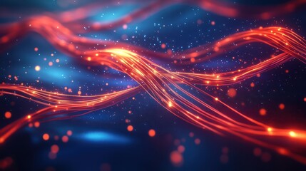 Fototapeta premium A digital abstract design with glowing red and orange connections interwoven across a deep blue background, with sparkling particles that create an energetic, high-tech ambiance