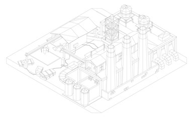 Vector illustration of a factory with many buildings. Isometric view. 3D