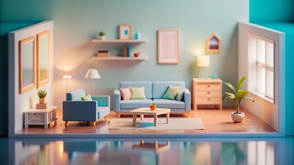 Modern Living Room Interior Wall Mockup: Tilt-Shift Miniature Photo