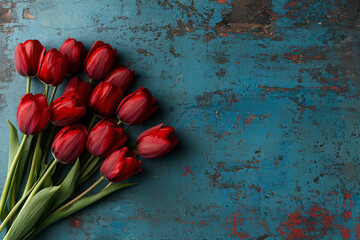 Crimson Elegance: Red Tulips on Rustic Blue - A Captivating Floral Still Life World Parkinson's Day