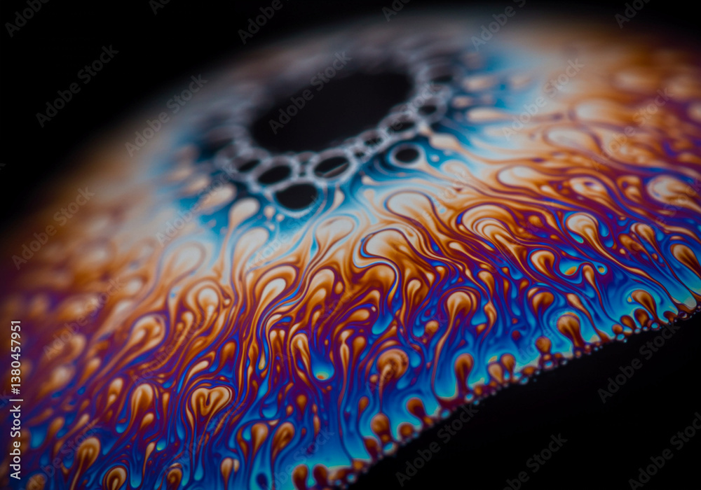 Poster soap bubble with colorful patterns and artistic design creating abstract iridescent texture. close-u
