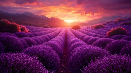 Fototapeta premium Lavender field at sunset in a picturesque countryside landscape