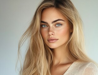Fototapeta premium Photorealistic Portrait of a Beautiful Young Woman with Long Blonde Hair and Fresh Skin