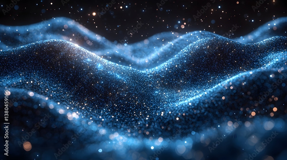 Poster quantum data flows as shimmering waves of light in a vast starry void