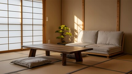 The image shows a Japanese-style living room with tatami mats, a low wooden table, floor cushions, and a bonsai tree.
