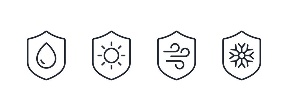 Weather shield editable stroke outline icons set isolated on transparent background flat vector illustration. Pixel perfect.