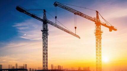 Two construction cranes silhouetted against a vibrant sunset sky, highlighting urban development and engineering progress.