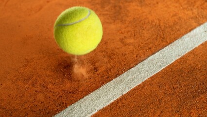 Freeze Motion Detail Shot of Tennis Ball Hitting a Clay Court