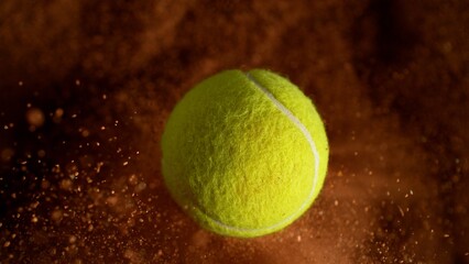 Freeze Motion Detail Shot of Flying Tennis Ball with Clay Explosion © Lukas Gojda