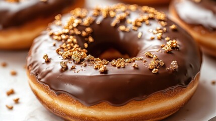 Gourmet Chocolate Donut with Edible Gold Flakes on White Background