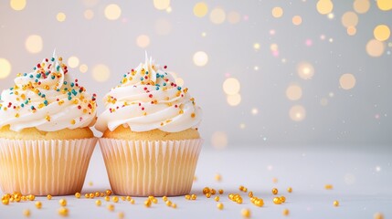 Two decorated cupcakes with creamy frosting and colorful sprinkles, surrounded by a soft, sparkling background, evoking a festive and cheerful mood.