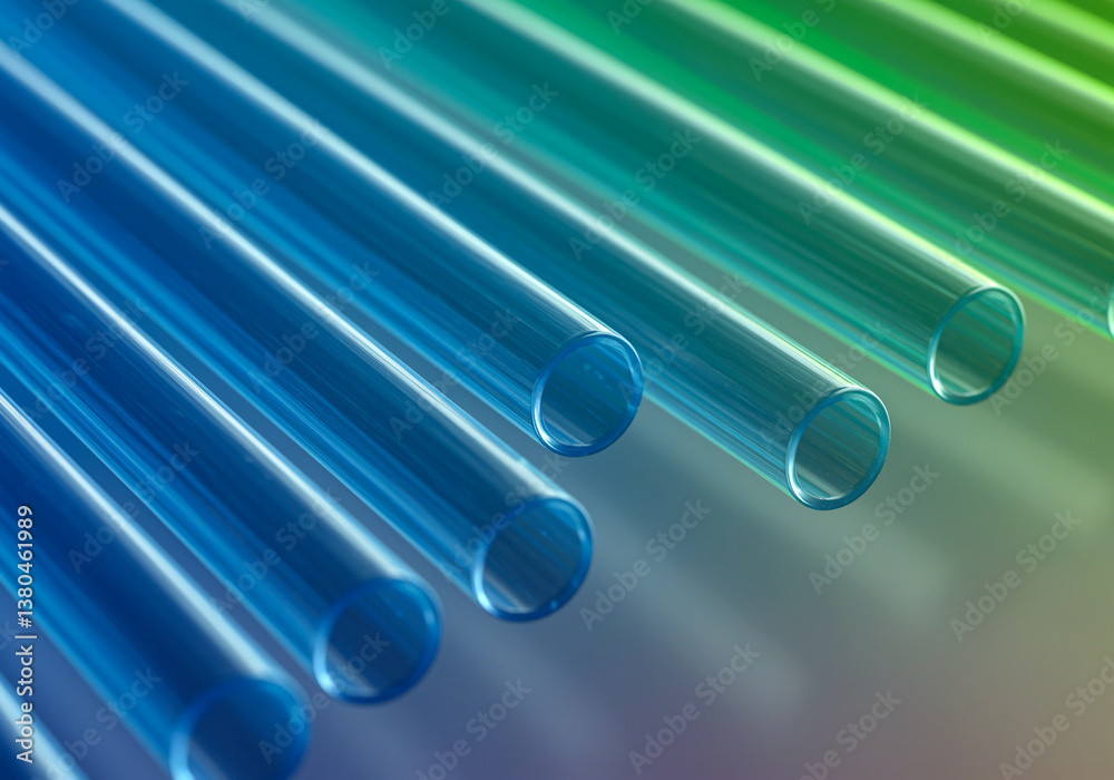 Poster drinking straws blue and green gradient color transparent plastic tubes arranged in a row creating a