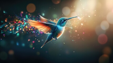 A vibrant, digitally rendered hummingbird is depicted mid-flight against a dark background